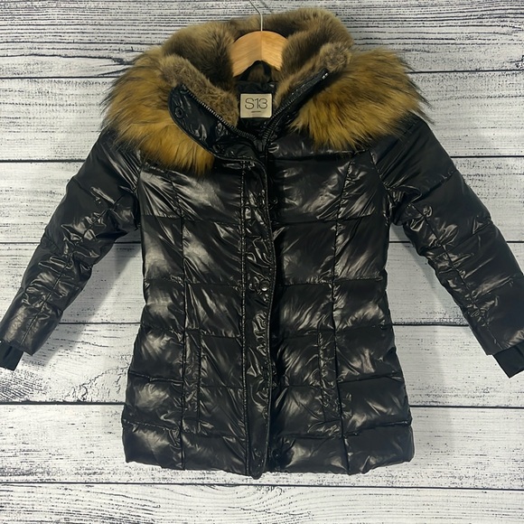 S13-Shiny Black Puffer Coat with Faux Fur Hood - Main Image
